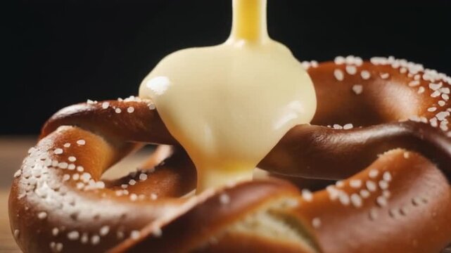 Close-up slow motion video of melted butter being brushed over warm pretzel bread, butter soaking into the crust, salt crystals sparkling under professional studio lights, cinematic food photography