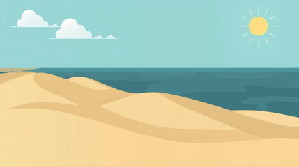 A flat vector graphic illustration of an ocean landscape with rolling sand dunes under a bright sun. © Pemuda