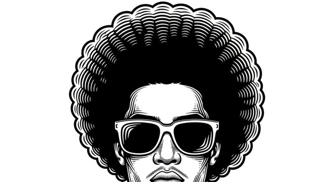 Retro Afro Hairstyle Man with Sunglasses, Vintage Style Portrait, Black and White Illustration