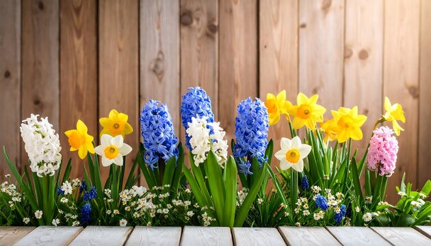 Vibrant spring flowers blossom against a rustic wooden backdrop. Daffodils, hyacinths, and other blooms form a colorful floral border