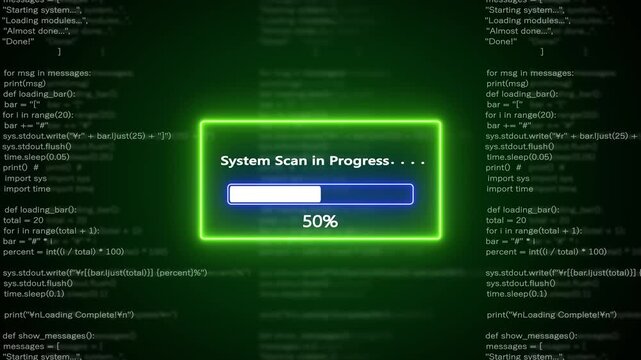 System Scan in Progress Loading Bar with Neon Green Border and Blue Progress Indicator on Dark Code Background Keywords: system, scan, progress, loading, bar, indicator, neon, green, border, blue
