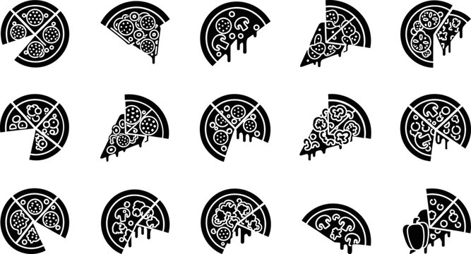 Collection of various pizza slices icons isolated on transparent background
