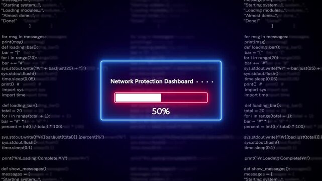 Network Protection Dashboard Progress Bar Loading Screen with Glowing Neon Blue Border and Red Progress Indicator on a Dark Background Filled with Scrolling Code Lines and Text Snippets