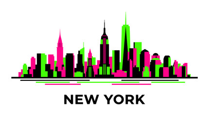 Fototapeta premium New York Skyline Illustration in Neon Glitch Colors, Modern Cityscape with Pink and Green Effect, Urban Travel Vector