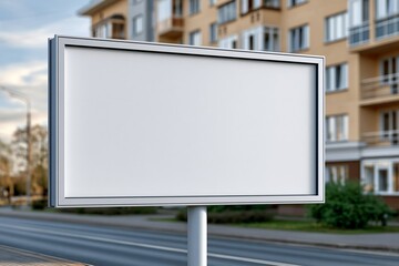 Obraz premium Blank billboard on urban street with apartment buildings in background