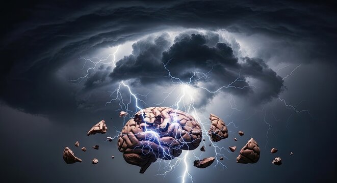 Brain exploding with lightning and fragments.
