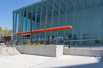 Naklejka premium Toronto, ON, Canada - May 4, 2026: Fairbank Station entrance on the Eglinton Crosstown LRT (Line 5) in Toronto, ON, Canada, in 2026. The Eglinton Crosstown LRT is a new rapid transit line in Toronto. 