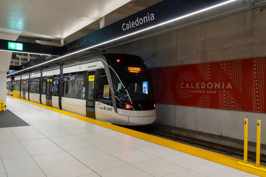 Toronto, ON, Canada - May 4, 2026: A Flexity Freedom train at Caledonia Station on the Eglinton Crosstown LRT (Line 5 Eglinton) in Toronto, ON, Canada, in 2026. The Eglinton Crosstown LRT is a new rap