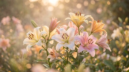 lilies in a variety of beautiful colors, such as pink, white, and yellow, against a dreamy background  © Rinrin