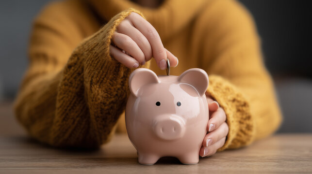 Hand placing a coin into a piggy bank, symbolizing personal savings, financial planning and responsible money management.
