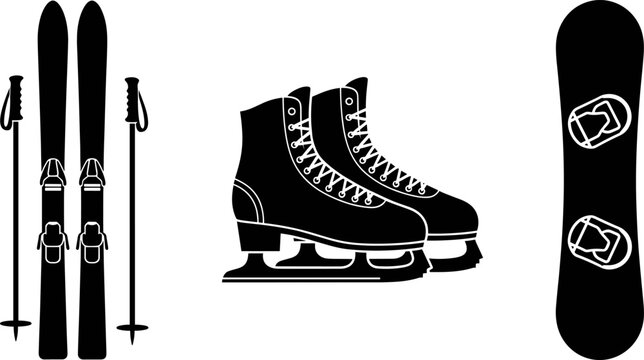 Skiing snowboarding and ice skating equipment icons isolated on transparent background