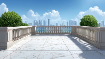 Obraz premium Modern balcony with stunning city view, elegant marble floor, green bushes, and bright blue sky, perfect for serene relaxation or artistic inspiration