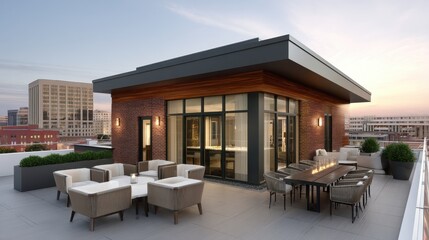 Obraz premium Modern rooftop terrace with stylish seating, a dining area, and city views at sunset, perfect for urban lifestyle and luxury living photography