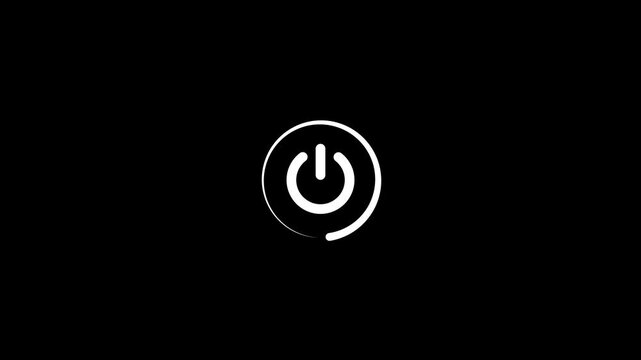 A minimalist white power button symbol with a subtle incomplete circle outline against a stark black background representing technology and energy activation concepts