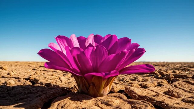 Time-Lapse Desert Flower Blooming from Cracked Earth Under Vast Clear Sky