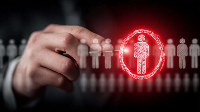 Hand highlighting a person icon among many figures, representing talent selection, recruitment and strategic workforce decisions.

