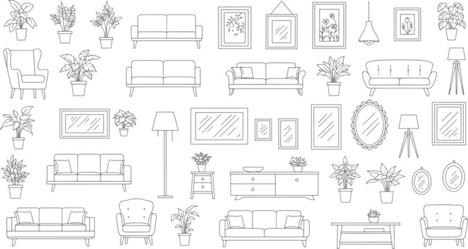 Set of hand drawn furniture and home decor elements including sofas armchairs potted plants lamps and wall frames