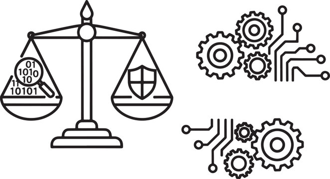 Black and white of a balance scale with binary code and gears