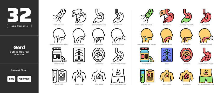 GERD Icon Set Collection Colored Outline Line Art Style. Containing Bile Acid Reflux, Blood Test, Chest Pain, Dysphagia, Endoscopy, Gerd, Heartburn Helicobacter Pylori Laryngitis Medicine Pills, Cough