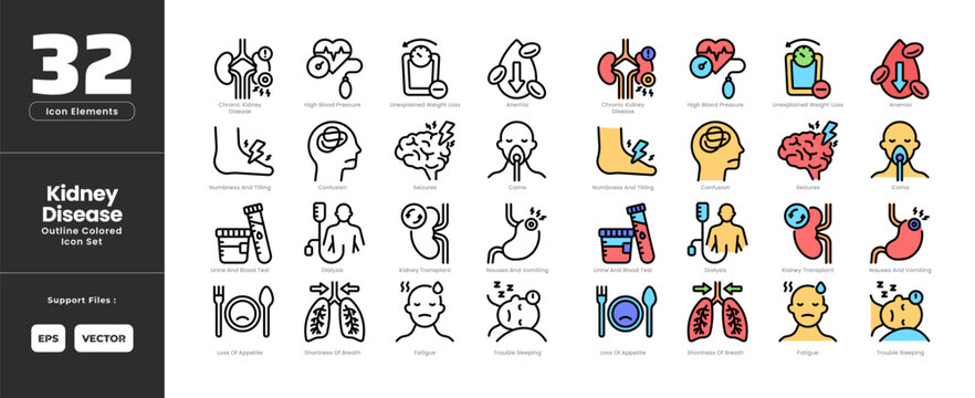 Kidney Disease Icon Set Collection Colored Outline Line Art Style. Containing Fatigue, Trouble Sleeping, Urine and Blood test,Dialysis,Kidney Transplant,Nausea and Vomiting,Numbness,Confusion,Seizures