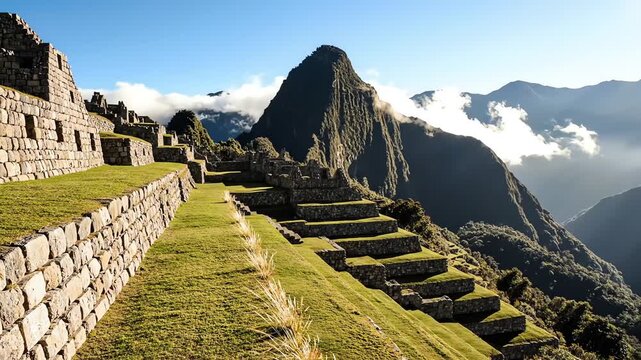 Ancient Machu Picchu Inca Ruins with Terraced Fields and Mountains