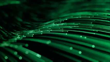 Fotobehang Kunst An abstract digital wallpaper featuring green and blue fiber optic lines that glow with bright energy to illustrate a motion-filled wave of optical communication technology and art  © Indra
