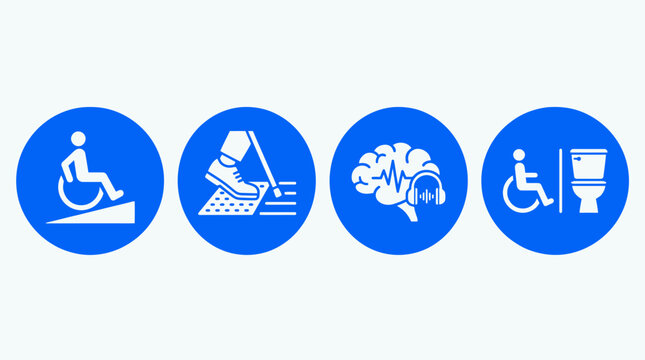 Universal accessibility concept icons for diverse needs, promoting inclusivity and support for physical mobility, visual impairment, cognitive differences, and accessible facilities