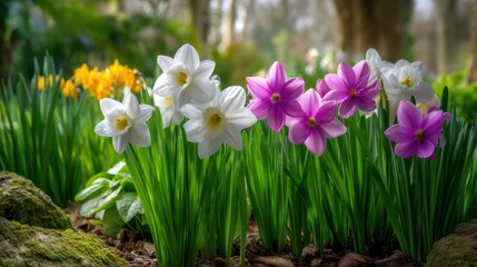 Obraz premium Colorful Garden with Vibrant Flowers Including White, Pink, and Yellow Blooms Surrounded by Lush Green Grass and Soft Morning Light in a Peaceful Setting