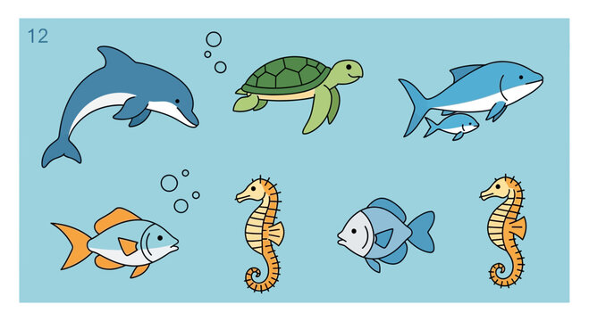Download editable isolated marine animals svg file with dolphin, turtle, shark, seahorse, and fish on white background