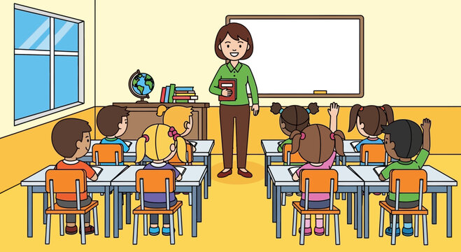 Teacher standing in front of classroom with students sitting at desks with editable svg isolated illustrations