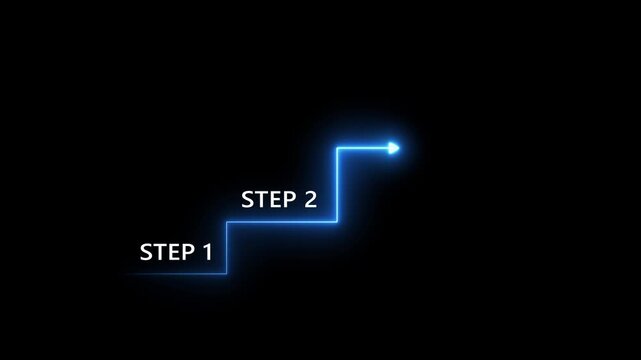 A bright blue neon line forms a right-angle turn and an arrow pointing to the right, with the text "STEP 1" in white lettering positioned to the left of the turn against a black background