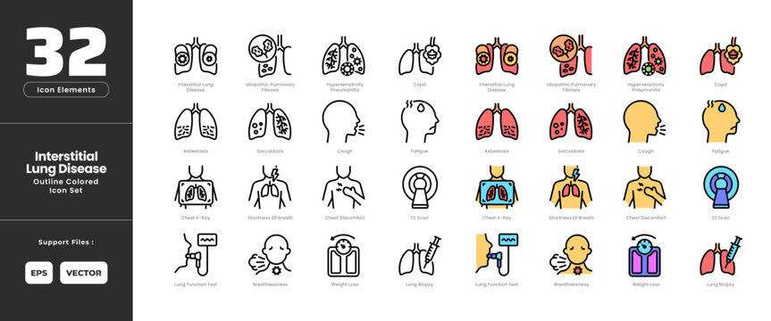 Interstitial Lung Disease Icon Set Collection Colored Outline Line Art. Containing Asbestosis, Breathless, Chest Discomfort, Chest X-ray, COP, Cough, Idiopathic Pulmonary Fibrosis,Fatigue,Hypersension
