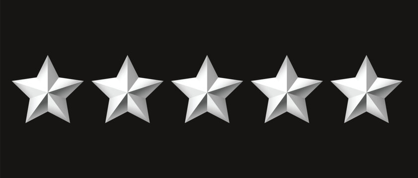 Five silver metal stars rating set in 3D style. Clean geometric star icons representing review, feedback, quality and ranking. Isolated on black background, perfect for UI design, apps, websites, awar