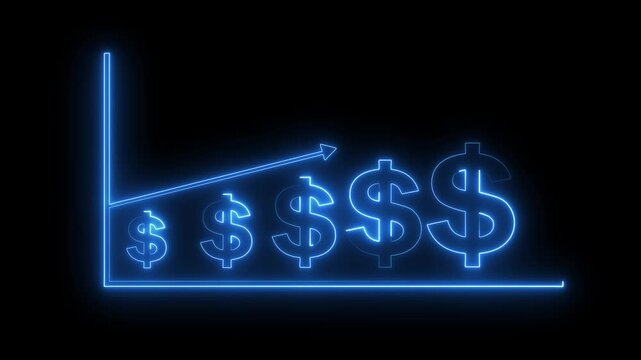 A neon blue line graph on a black background five increasing dollar signs representing financial growth and increasing wealth accumulation with an upward trending arrow indicating positive progress