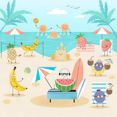 Obraz premium Cute cartoon fruits enjoying a fun summer day at the beach.