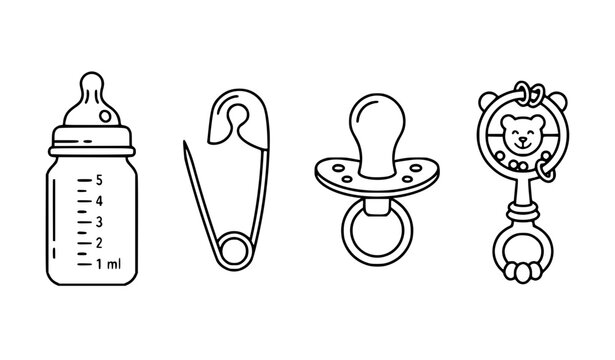 Clean black and white outline vector baby nursery icons illustration set simple minimalist drawing of bottle pacifier rattle and pin