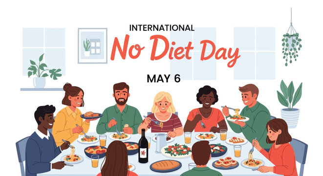 A diverse group of people celebrating International No Diet Day, enjoying a meal together at a long table with a vector design and a body positivity concept against a bright background