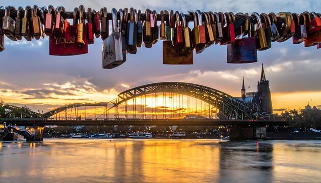 View of a bridge with numerous locks attached, at sunset. A large cathedral can be seen in the distance, reflected in the water