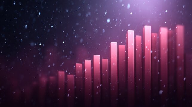 Abstract visualization of data growth with pink bars on a dark background and falling snowflakes creating a dynamic and modern atmosphere