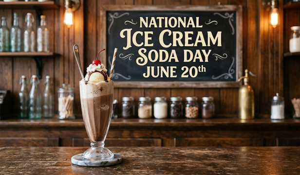 Chocolate Ice Cream Soda with Whipped Cream on Vintage Bar Counter