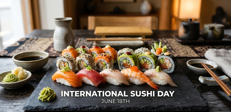 Assorted Sushi Platter with Nigiri and Rolls for International Sushi Day