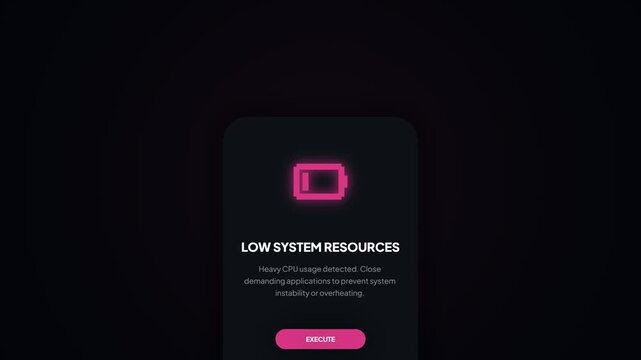Digital device interface displaying a critical low system resources warning with a prominent battery icon, urging user action to optimize performance