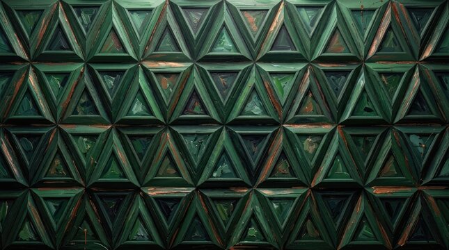 Geometric wall pattern of interconnected green triangular shapes with textured finish.