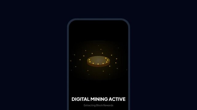 Digital mining active on mobile screen. Dark background highlights glowing circular icon. Small particles swirl around central symbol. Text reads "DIGITAL MINING ACTIVE" in bold white font