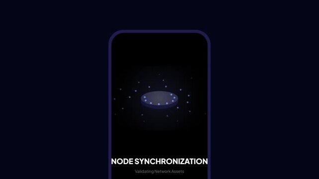 Dark screen displays a glowing network node. Small lights orbit the central hub