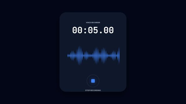 Dark mode voice recorder interface showing blue digital waveform and recording timer