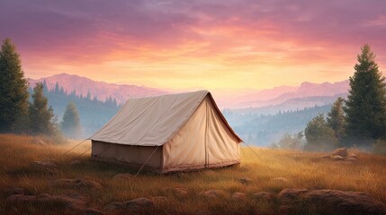 Obraz premium Serene Camping Tent Amidst Lush Greenery and Majestic Mountain Range During Colorful Sunset Sky in Nature Landscape