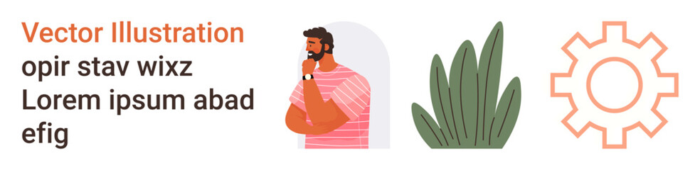 Decision-making, creativity, problem-solving, growth, innovation, productivity. A thoughtful man, green plant and orange gear icon. Decision-making and creativity conceptualized through visual © robu_s