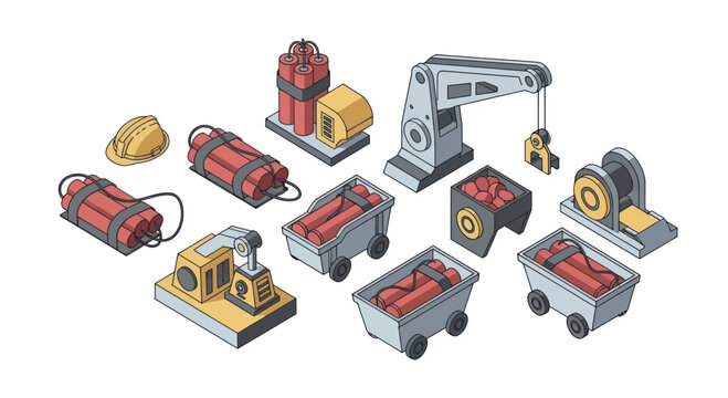 Industrial Mining Equipment Set Isometric Illustration.