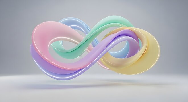 Infinite loop sculpture in pastel colors with glossy finish floating against grey background for symbol design.